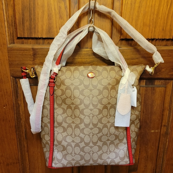 Coach Peyton Signature Convertible Shoulder Bag Tote Handbag F24601 Khaki & Red - Picture 16 of 16